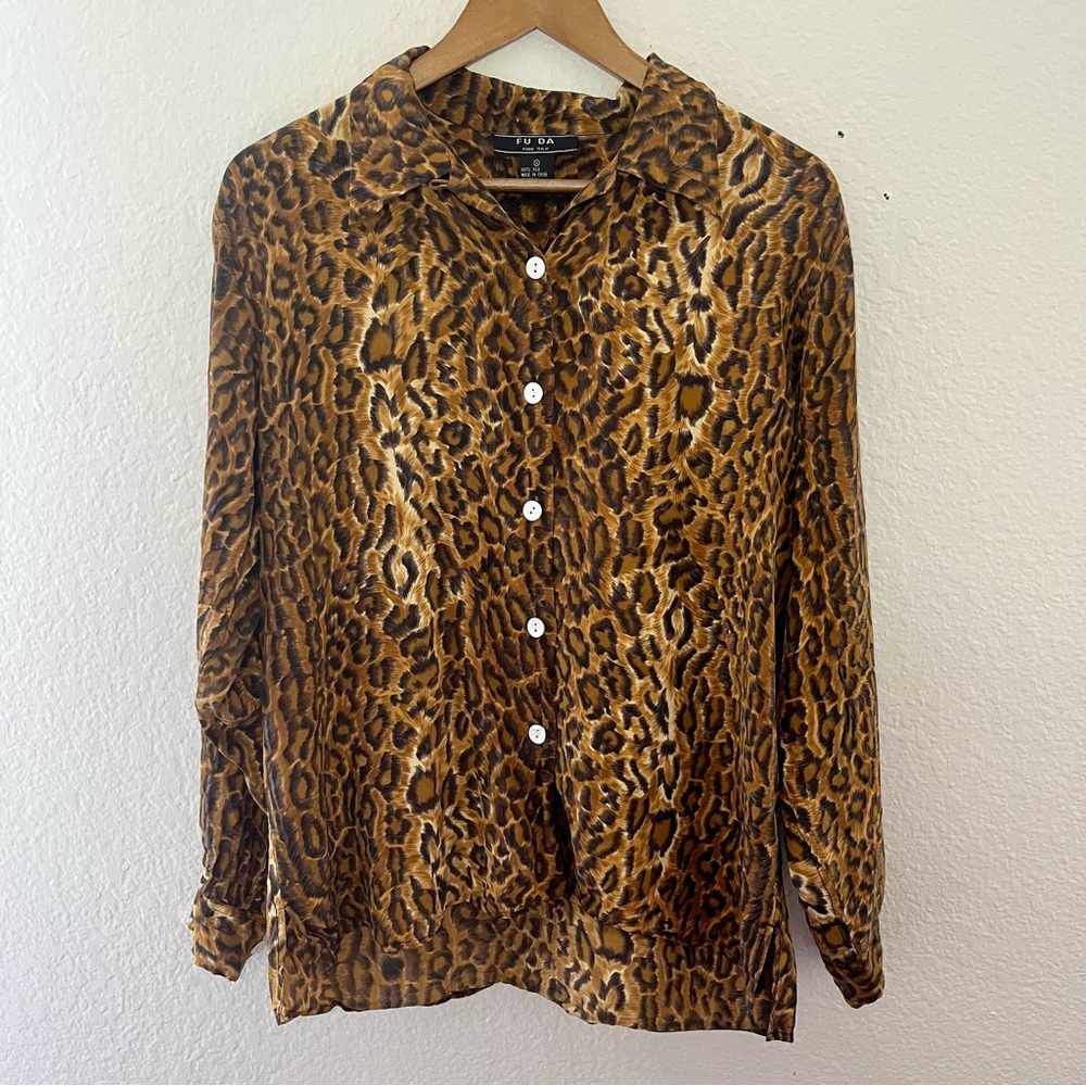 FUDA 100% Fine Silk Animal Print Button Front Long Sleeve Blouse Size XL